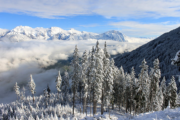 peisaj Snowy, peisaj de iarna, Alpii, Tirolul de Sud, nori, natura, Munţii