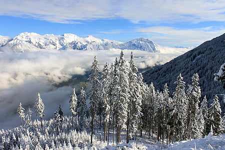 śnieżny krajobraz, pejzaż zimowy, Alpy, południowy tyrol, chmury, Natura, góry
