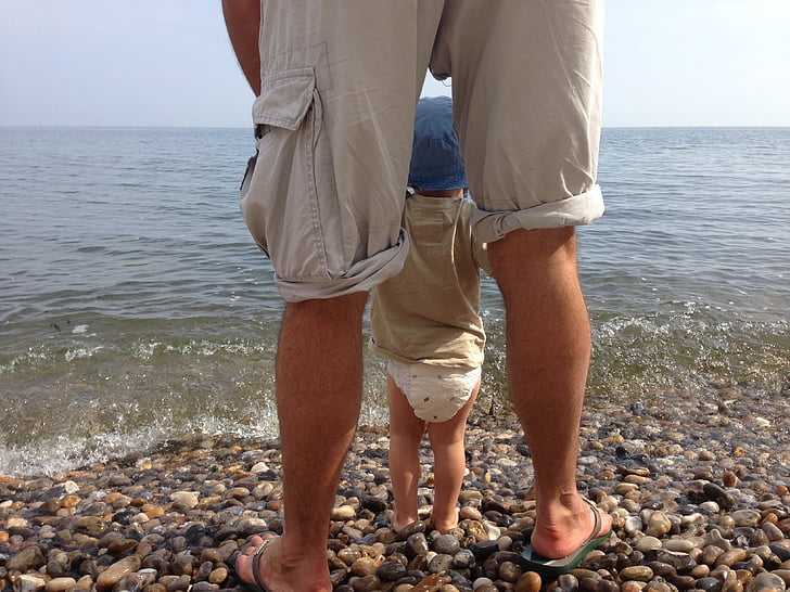 dad, child, beach, sea, father, boy, son