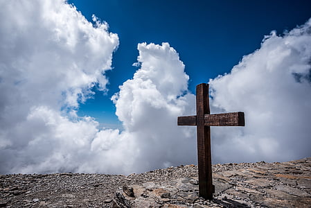 christianity, clouds, cross, outdoors, rocks, religion, spirituality