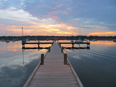 lake, dock, sunset, serene, boats, pier, sailboat