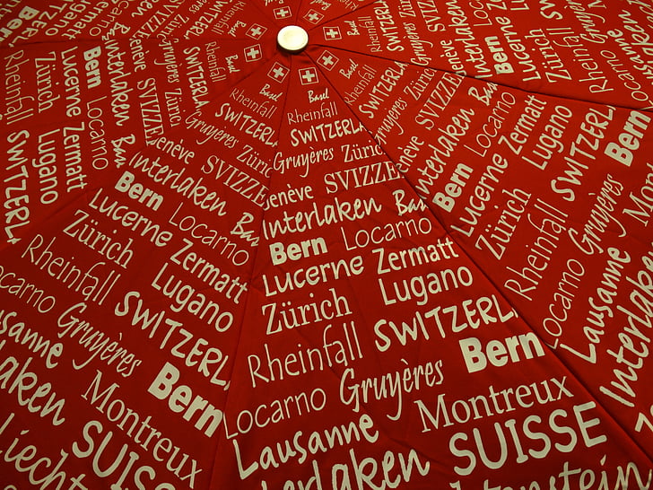 deštník, Švýcarská města, Bern, červená, pozadí, text, jedno slovo