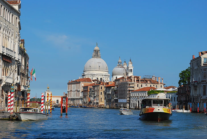 venice, boat, canal, water, sky, architecture, italy
