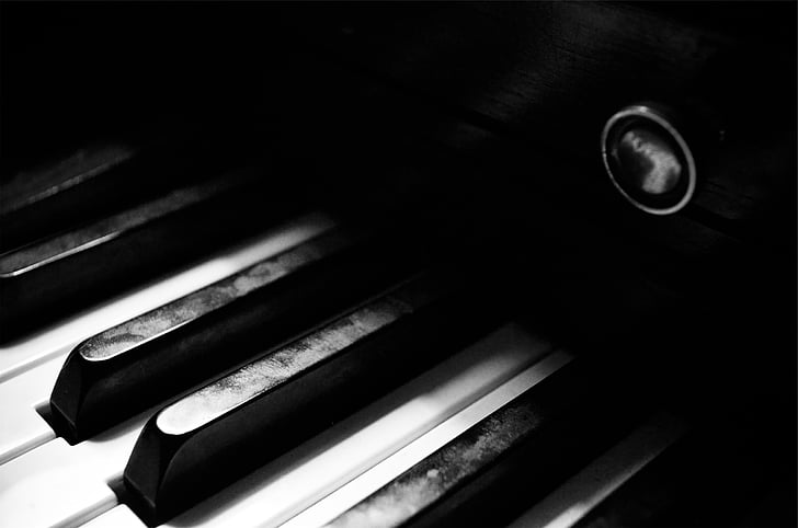 closeup, fotografija, fortepijonas, raktai, klaviatūra, muzikos instrumentas, juoda ir balta