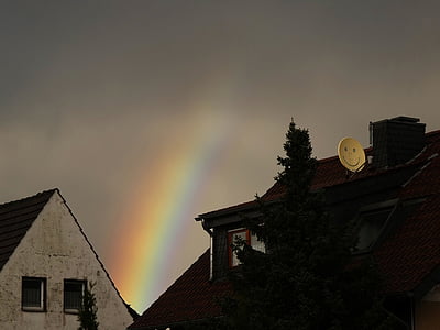 Regenbogen, bunte, Farbe, Himmel, Dach, Häuser, Satellitenschüssel