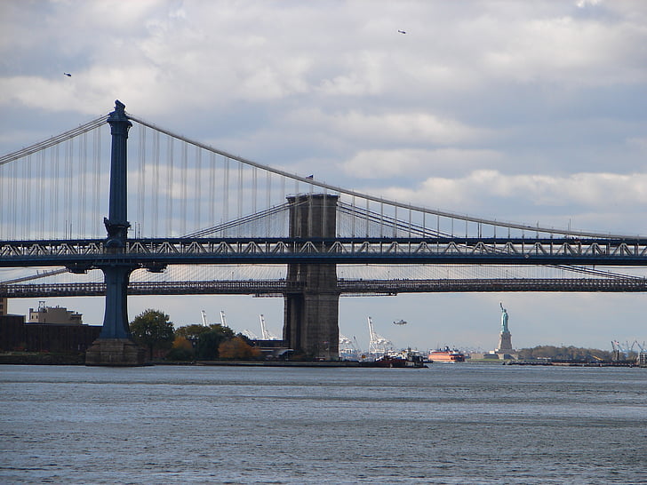 statue de la liberté, pont de Brooklyn, ponts, New york city, États-Unis, East River, grosse pomme