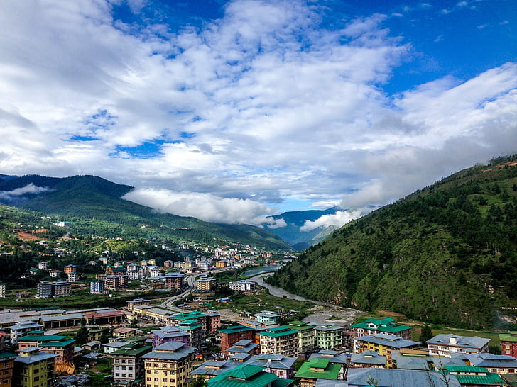 bhutan, the village, mountains, green city, mountain, mountain range, cloud - sky