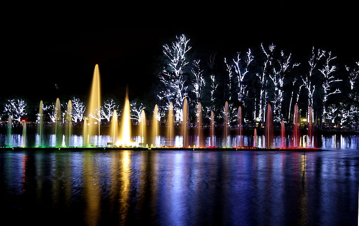 Ibirapuera-parken, lys, natt, vannet viser, farge, fargerike, opptog