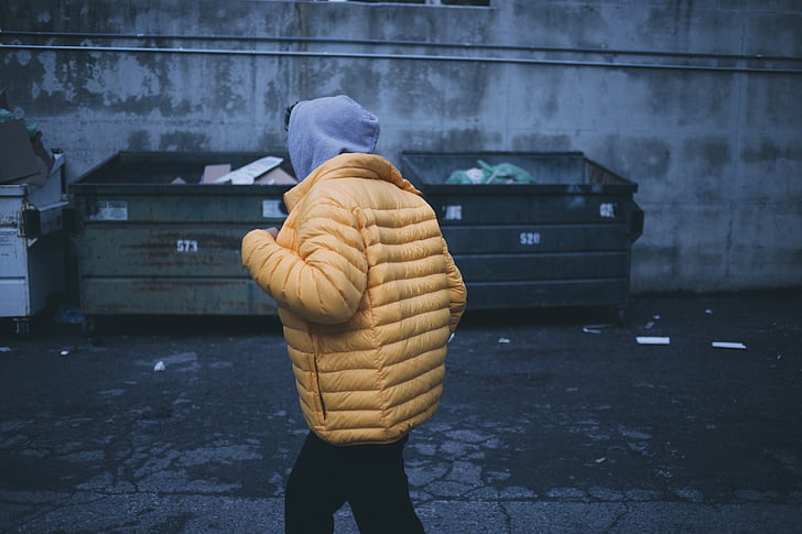 person, wearing, yellow, bubble, jacket, jackets, youths