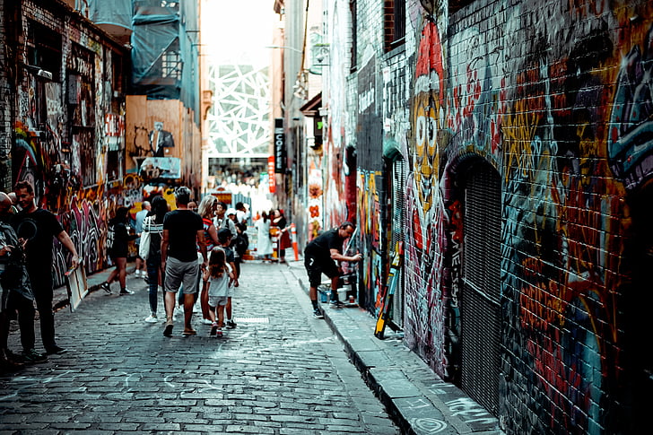 Street, gang, dinding, grafiti, batu bata, jalan, orang-orang
