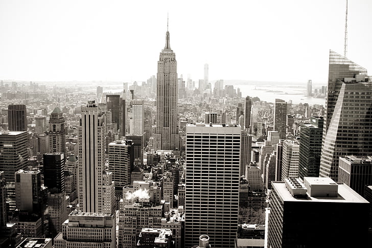 budova, město, výškové budovy, Černobílý tisk, New york, NYC, mrakodrapy