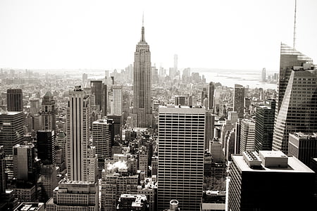 bygge, byen, høy stiger, monokrom, New york, NYC, skyskrapere