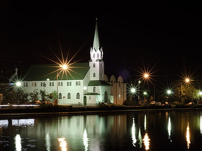templom, éjszaka, Reykjavík, építészet, turizmus, város, épület