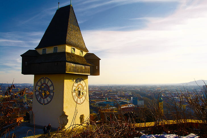 Graz, Austria, Styria, kellatorn, päike, Schlossberg, kella