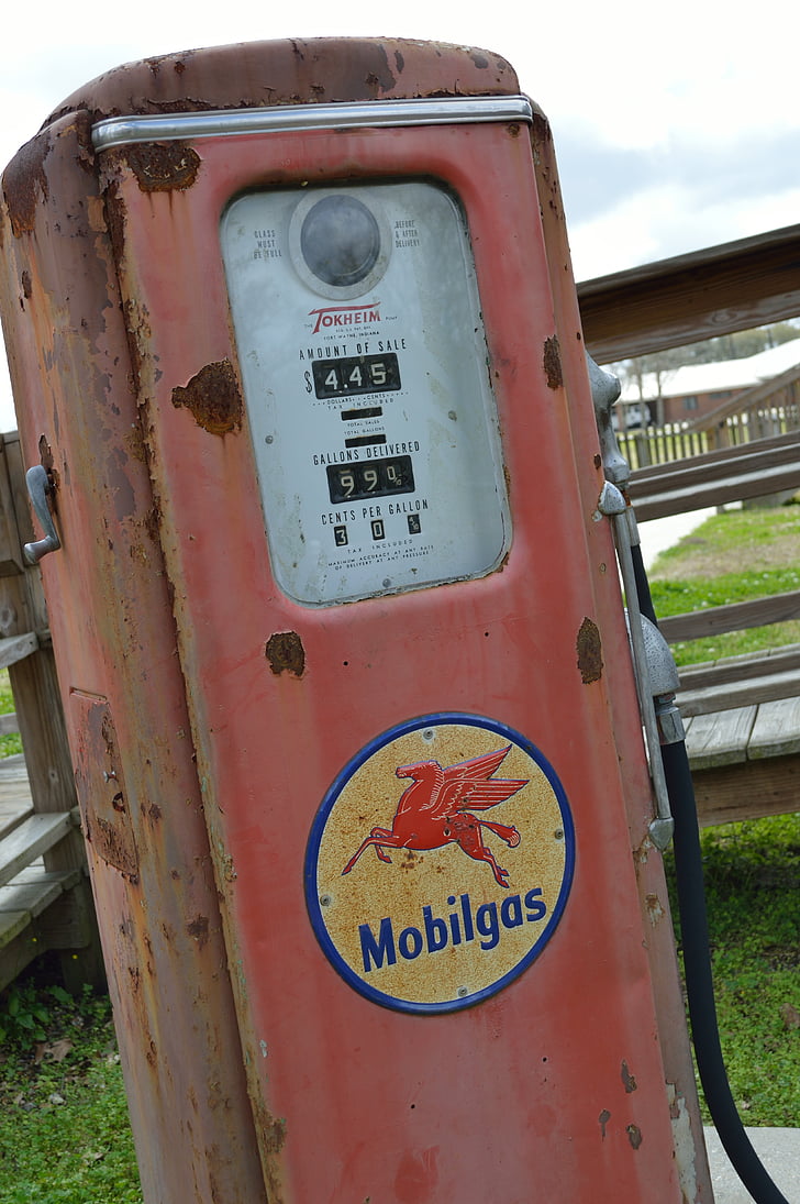 Benzinska pumpa, starinski, Stari, berba, benzin, metala, zapušten
