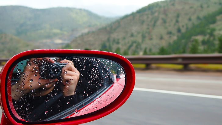 kjøring, kameraet i speilet, kameraet i speilet under kjøring, naturskjønne, kameraet, speil, transport