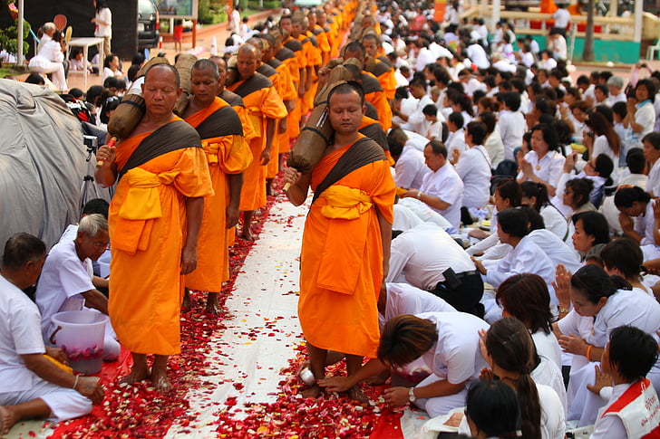 bouddhistes, moines, à pied, tradition, cérémonie, Thaïlande, Thaï