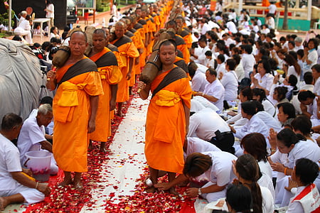 buddhisták, szerzetesek, séta, hagyomány, ünnepség, Thaiföld, thai