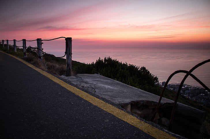 voreres, posta de sol, capvespre, cel, oceà, Mar, carretera