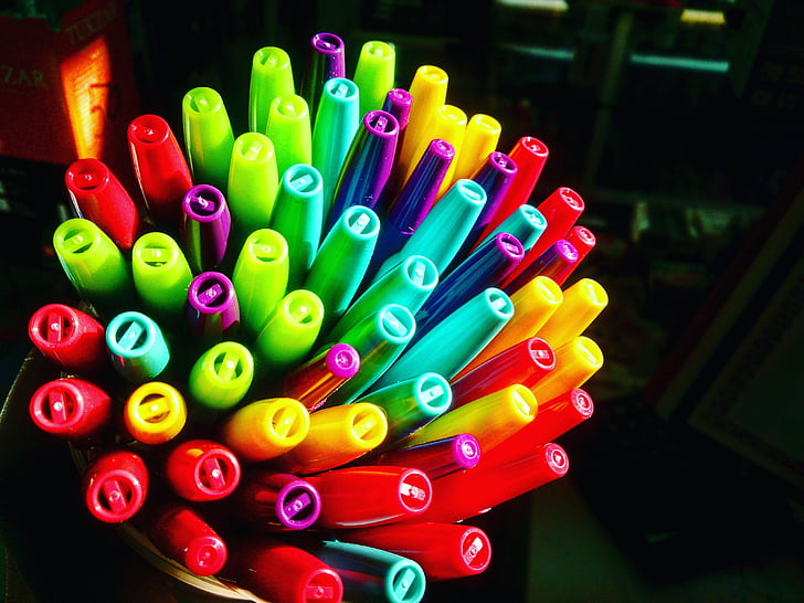 rašikliai, žaidimas dažai, šviesus, įvairių spalvų, spalvinga, closeup, dažai