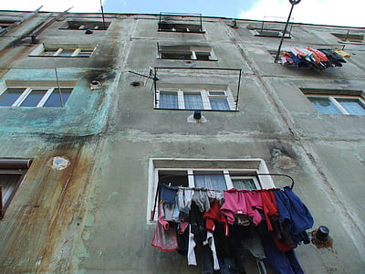 pobre, vida, barrio, servicio de lavandería, tendedero, antiguo, arquitectura