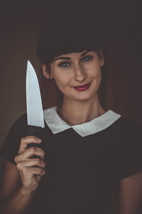 person, kvinde, model, farlige, køkken, kniv, fare