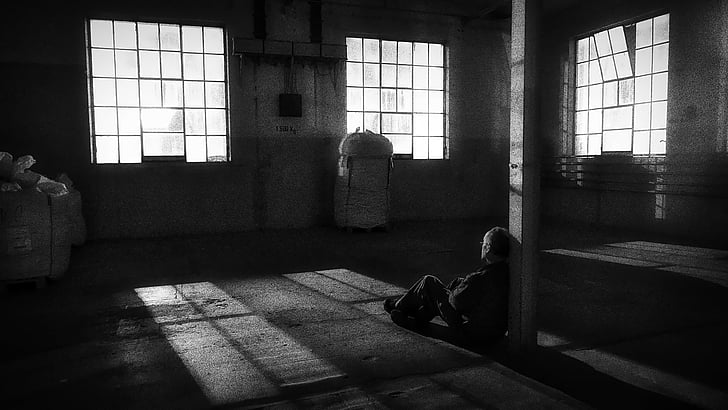 night, shadow, light, black white, window, man lying on the ground, indoors