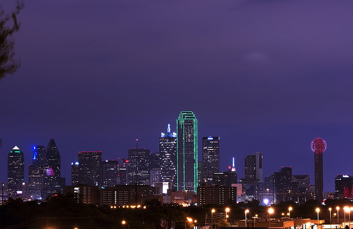 skyline, Dallas, skumring, sentrum, bybildet, Texas, USA