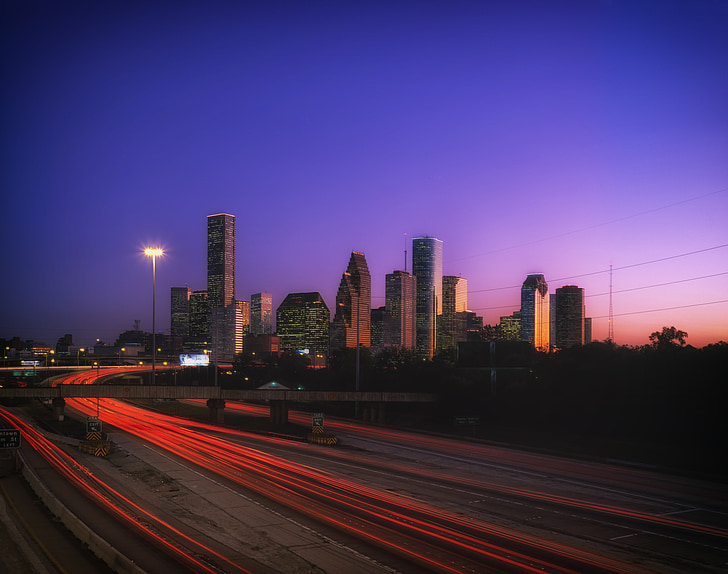 Houston, Texas, puesta de sol, cielo, edificios, urbana, rascacielos