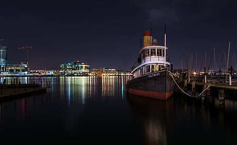 perahu, perahu, bangunan, Kota, lampu, malam, Port