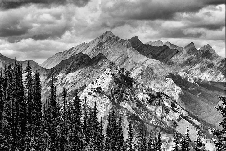mountains, black and white, outdoors, landscape, sky, peak, travel