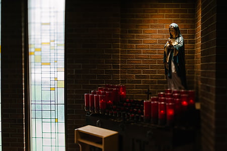 Panna, Marie, figurka, zeď, kostel, mozaikové okno, svíčka
