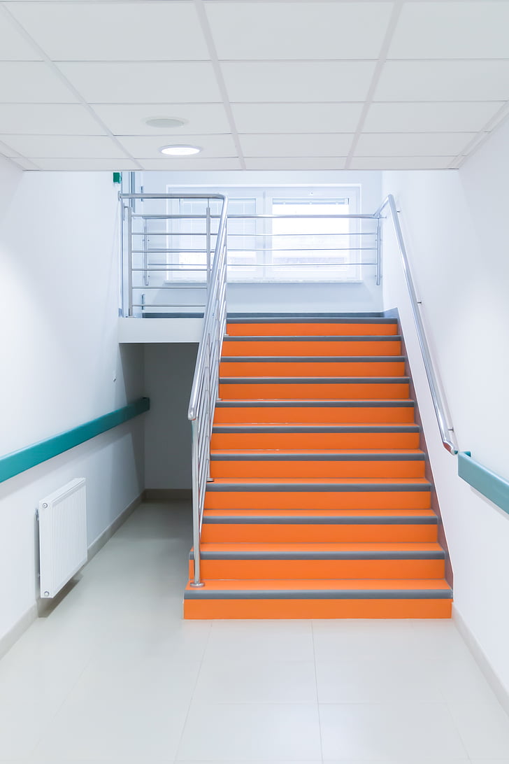 stairs, corridor, hospital, orange, indoors, staircase, orange color