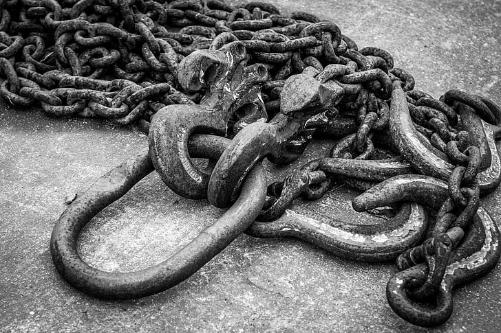 chain, rusty, port, fix, metal, helgoland, black and white
