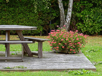 table, flowers, resting place, wood, wooden table, wooden bench, nature