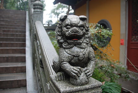 Buddha, lejon, trappor, sten, dekoration, asiatisk stil, Asia