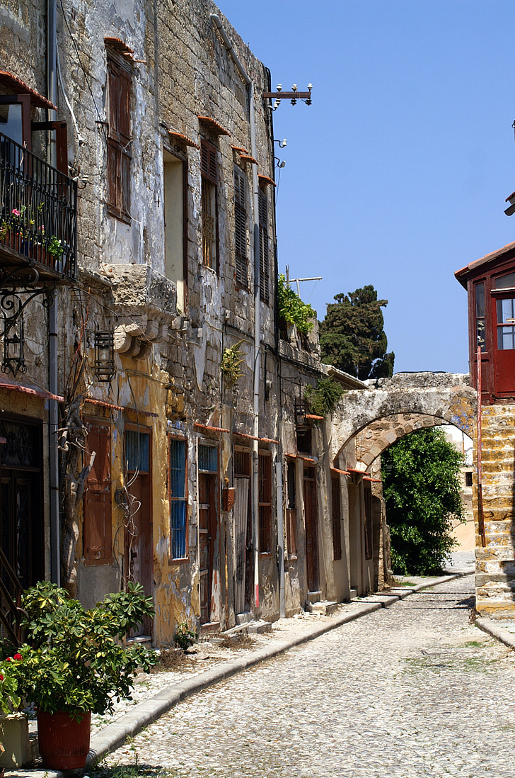 Grécia, Rhodes, casas antigas, Cobblestones, fachada, cidade velha, edifício