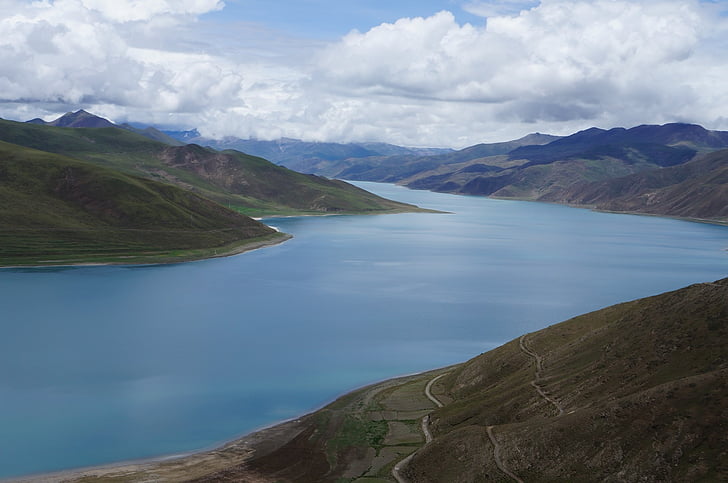 Tiibetin, Yamdrok, Lake, sininen, vuoret, vesi, maisema