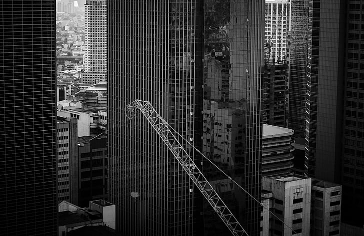 architecture, black-and-white, buildings, city, construction, crane, skyscraper