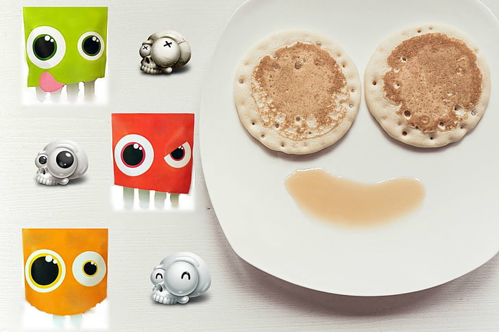 smile, on plates, laughing skull, emoticons, pancakes