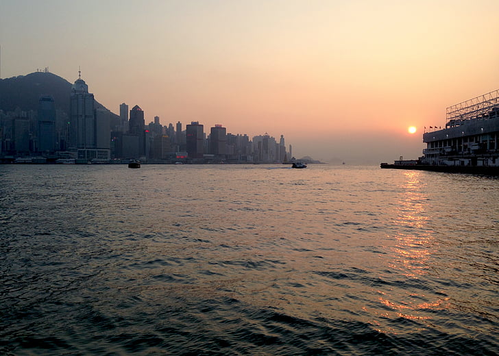 Chine, ville, Hong kong, Hong Kong, Lac, Skyline, lever du soleil
