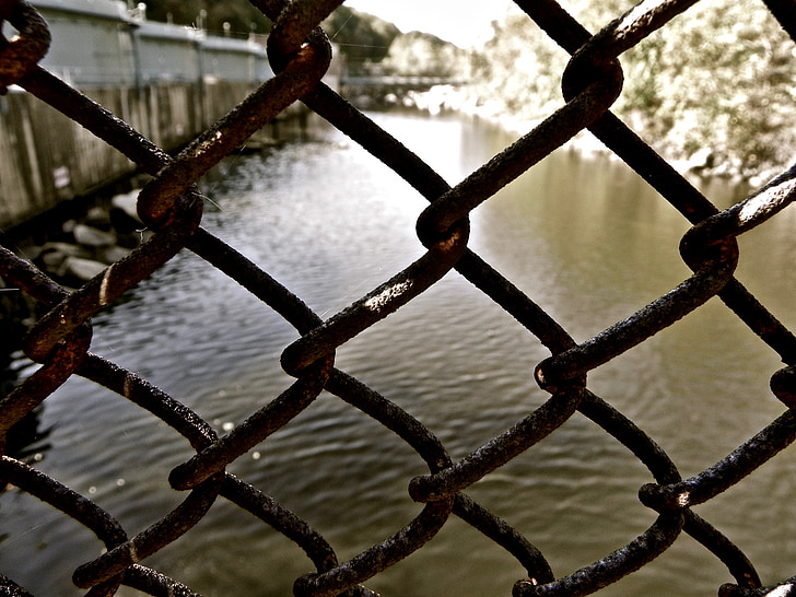 chain fence, bridge, rust, river