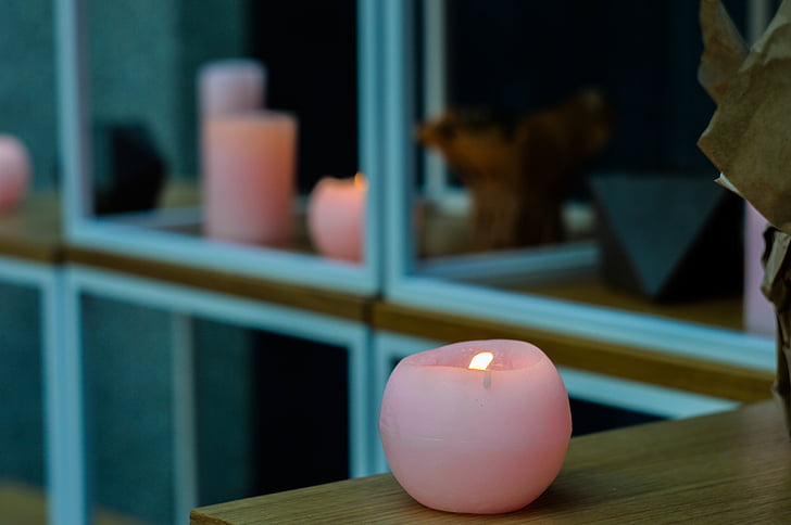 pink, table, candle, top, brown, wooden, lighting