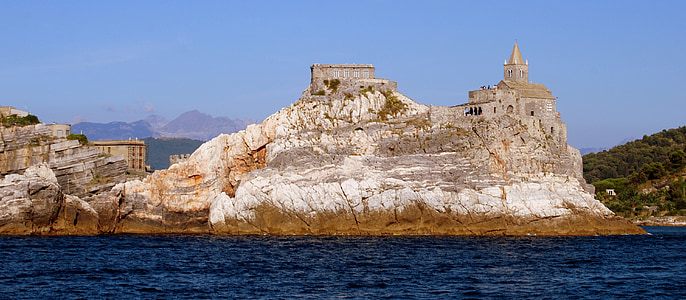 Zamek, Rock, morze, Kościół, Porto venere, Liguria, Włochy