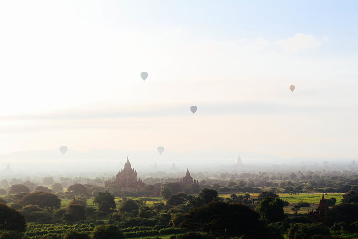 hot, air, balloons, buildings, fields, countryside, myanmar
