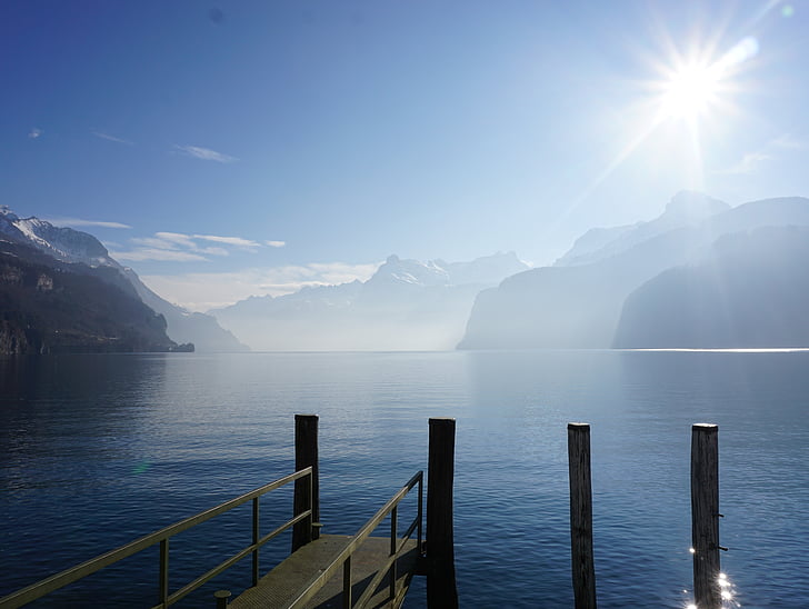 lake, fog, flüelen, landscape, water, nature, blue