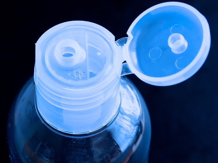 plastic, bottle, transparent, light blue, lid, open