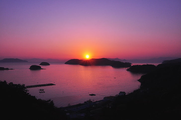 silhouette, hills, near, ocean, sunset, dusk, purple