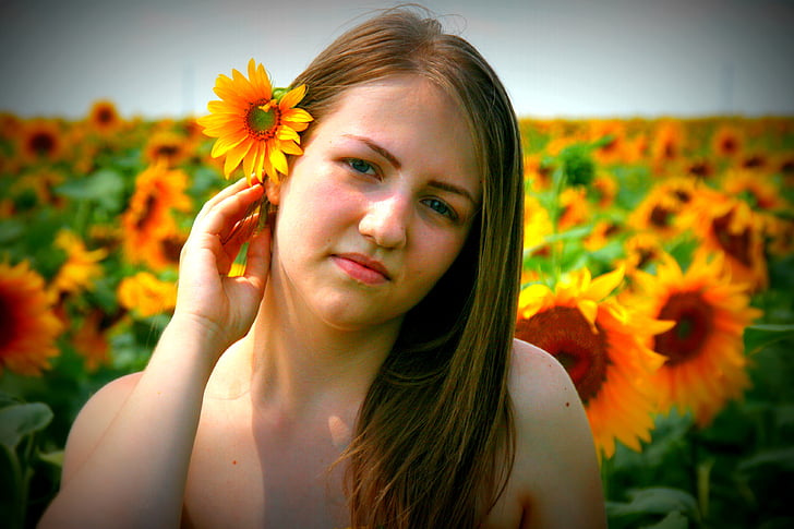 sunflower, girl, yellow, women, nature, people, smiling