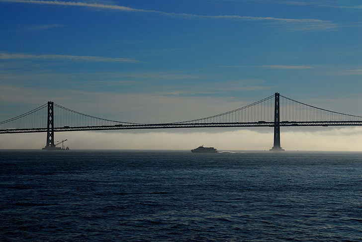 San francisco, Bay bridge, Bridge, dimma, vatten, färja, morgon